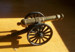 Vintage Brass & Iron Civil War Cannon Miniature With Fuse Hole & Moving Wheels