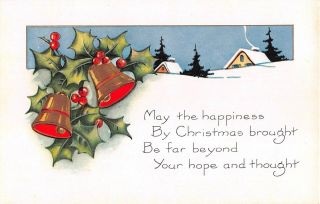 Bells & Holly By Snowy Home Scene On Old Art Deco Whitney Christmas Motto Pc
