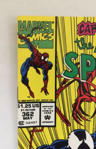 Spider - Man 362 (Marvel) Carnage Pt2 RARE UNREAD Newsstand Variant NM 3