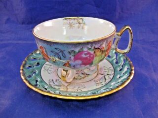 Exquisite Three Footed Tea Cup And Reticulated Saucer - Vintage