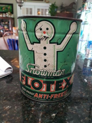 Vintage 1935 Flotex Snowman Anti - Freeze One Gallon Can/ Old Gas Station Item