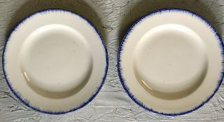 Pair Antique Blue Feathered Edge Early Ironstone Plates 8 3/4”