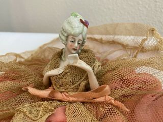 Vintage Antique Porcelain Victorian Half Doll W/ Silk & Lace Germany
