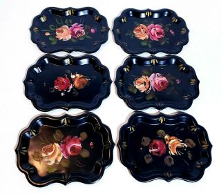 Vintage Black Pink Floral Metal Toleware Trays Set Of 6 Hand Painted Shabby Chic