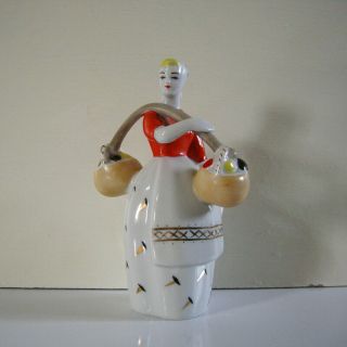 Vintage Soviet Ussr Porcelain Figurine Girl W/ Mushrooms Or W/ Yoke Zhk Polonne