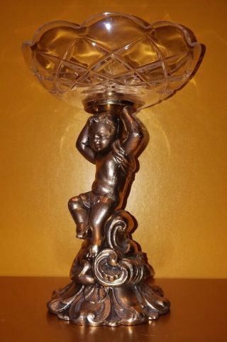Cherub Cupid Angel On Brass Pedestal Holding Cut Crystal Candy Compote Dish