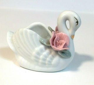 Vintage Porcelain Swan Ring Holder With Pink Roses.  Great Gift