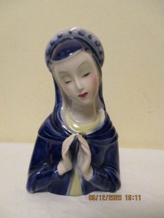 Old Vintage Goldscheider Porcelain Head Bust Praying Madonna Mary In Blue Cape