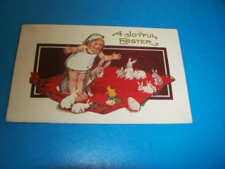 Antique Vintage Postcard Easter Girl With Bunnies Red Blanket Glitter 1920