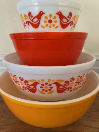 Vintage Pyrex Friendship Mixing Bowl Set Full Red Orange Birds 401 402 403 404