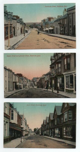 3 Vintage Postcards Pembroke Dock Wales - Pembroke St / Queen St / Bush St
