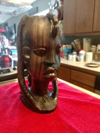 Vintage African Tribal Head Bust - Woman Hand Carved Wood Nigerian Art