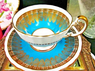 Aynsley Tea Cup And Saucer Aqua Blue With Lace Gold Gilt Oban Shape Teacup 1940s