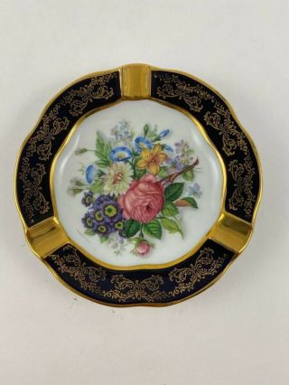 Vintage Limoges Ashtray Floral With Gold And Navy Blue Trim