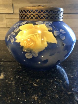 Antique / Vintage Hand Painted Porcelain Flower Vase With Brass Stem Divider