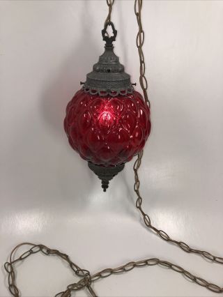 Vintage Swag Red Glass Hanging Light W/ Chain Mid - Century Modern Lamp Pendant
