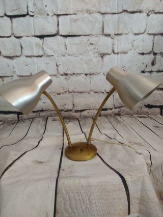Vintage Mid Century Double Gooseneck Wall / Desk Lamp Cone Bullet Flexible Neck