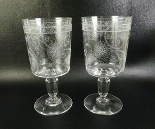 2 Antique Crystal Wine Glass Goblets Etched Flowers & Scrolls (item A1)
