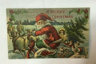 Vintage Christmas Postcard Santa Claus Reindeer & Children Merry Christmas