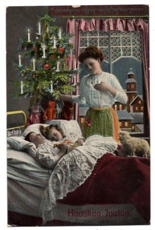110120 Vintage Christmas Postcard Mother Checks On Sleeping Children W/ Tree