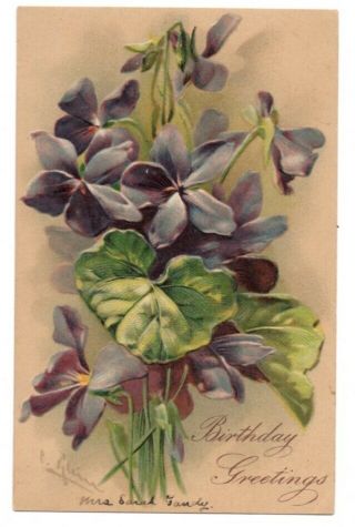 83020 Lovely Vintage A/s C Klein Flower Postcard Violets Birthday Greetings 1907