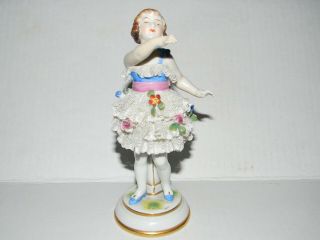 Antique Vintage Dresden Lace Porcelain Ballerina Girl Flower Dress Figurine