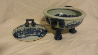 VINTAGE VICTORIA WARE IRONSTONE TUREEN W/ LID FOOTED FLOW BLUE VERY HEAVY 2
