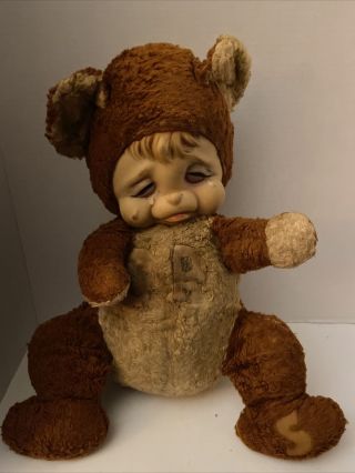 Antique Vtg Rushton Crying Bear Plush Rubber Face Teddy Stuffed Animal 16 "