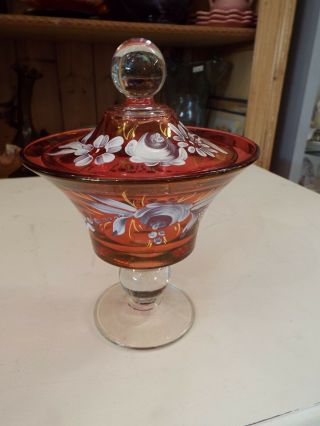 Fenton Mary Gregory Art Glass Hand Painted Floral Cranberry Compote Candy Dish N