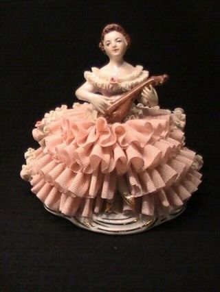 Dresden Figurine Lady Sitting Playing Musical Instrument Germany 5 Prong Crown