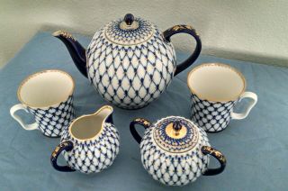 Vintage Russian Imperial Lomonosov Cobalt Blue Net Porcelain Tea Set Red Mark