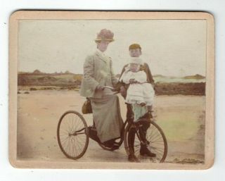 Victorian Photo Lady And Children On Tricycle / Bicycle Colour Tinted C1890