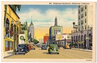 091420 Autos On Hollywood Boulevard Vintage Hollywood Ca Linen Postcard 1938
