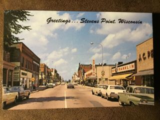 Stevens Point Wi Main Street Chrome Postcard Wisconsin Old Cars Advertising Sign