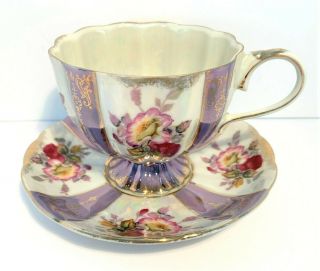 Vintage Royal Halsey Very Fine China Tea Cup Saucer Purple White Stripe Pedestal