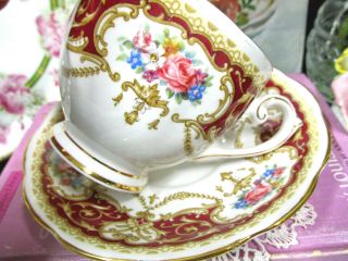 Queen Anne Tea Cup And Saucer Regency Pattern Red Pink Rose Garland Teacup