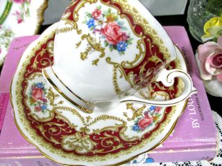 QUEEN ANNE tea cup and saucer Regency pattern red Pink rose garland teacup 2