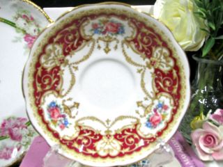QUEEN ANNE tea cup and saucer Regency pattern red Pink rose garland teacup 3