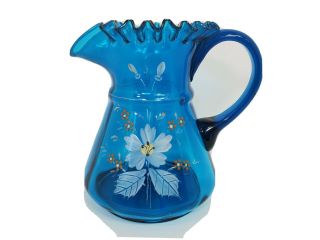 Antique Blue Glass Pitcher Hand Painted Ruffled Edge 64 Oz Blown Glass Victorian