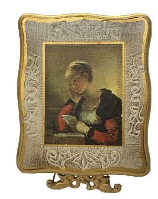 Vintage Renaissance Florentine Gold Wood Jewelry Chest Box Portrait Of A Lady
