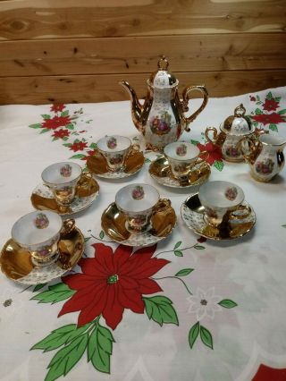Vtg Arnart Porcelain Courting Couple/gold Tea Pot/creamer Sugar/6 Cup/saucer