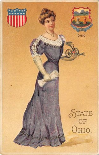 State Of Ohio Woman In Purple Dress,  Farming Ca 1910s Vintage Embossed Postcard