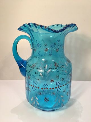 Vintage Victorian Hand Painted Blue Glass Pitcher