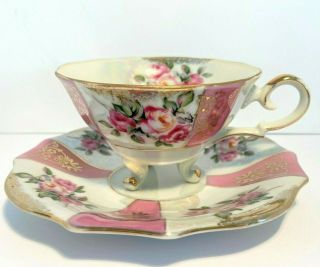 Vintage Royal Halsey Very Fine China Tea Cup Saucer Pink White Stripe Footed