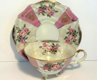 Vintage Royal Halsey Very Fine China Tea Cup Saucer Pink White Stripe Footed 2