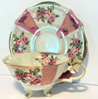 Vintage Royal Halsey Very Fine China Tea Cup Saucer Pink White Stripe Footed 3
