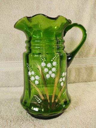 Elegant Antique Victorian Enameled Green Glass Water Pitcher Floral Hand Painted