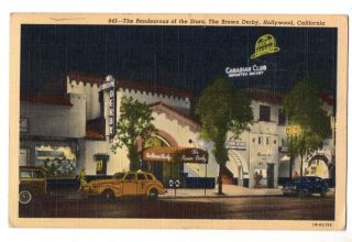 092420 Vintage Hollywood Ca Linen Postcard Brown Derby Restaurant At Night 1943