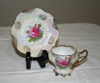 Vintage Royal Halsey Cup & Saucer - Footed Floral Iridescent Lustre - Rare Size