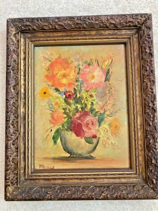Vintage Signed And Framed Oil Painting On Board Still Life Flowers In Vase